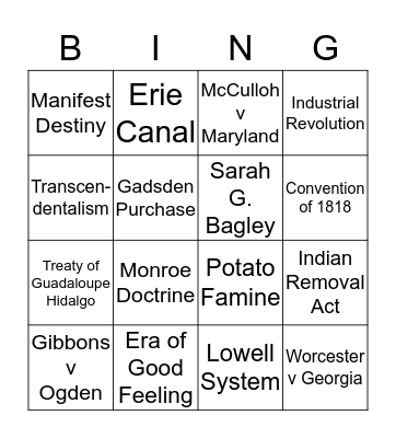 Westward Expansion Bingo Card