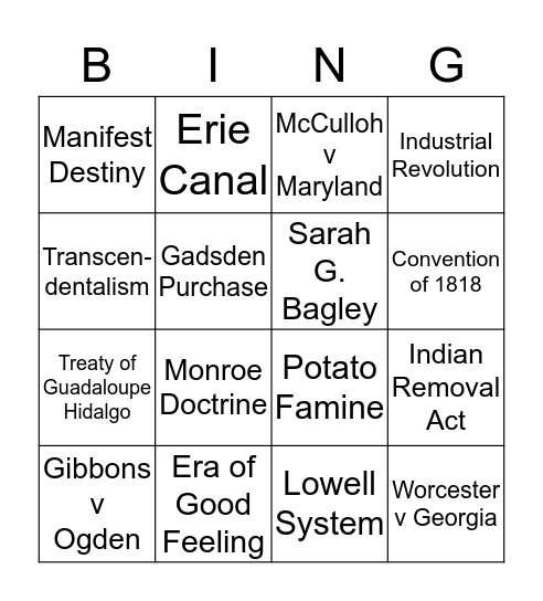 Westward Expansion Bingo Card