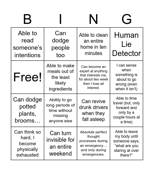 Super… well, Powers of CPTSD Bingo Card