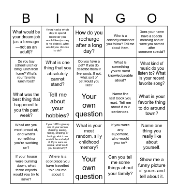 Speed Dating to Get to Know Friends Bingo Card