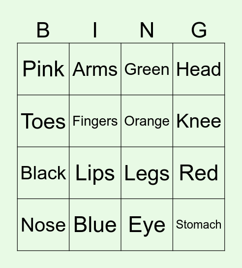 Colors and body Bingo Card