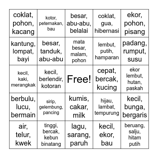 Tebak Nama Binatang Bingo Card