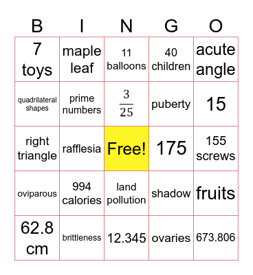 Math Sci Bingo Card