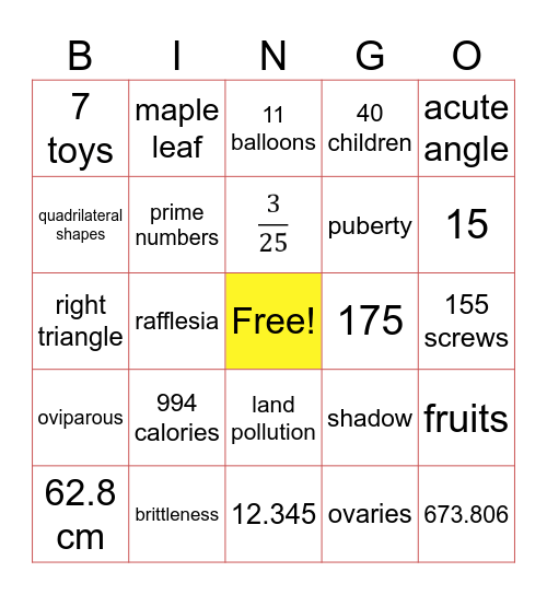 Math Sci Bingo Card