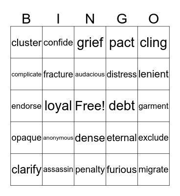 Adventures Vocabulary Review Bingo Card