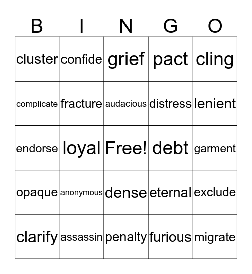 Adventures Vocabulary Review Bingo Card