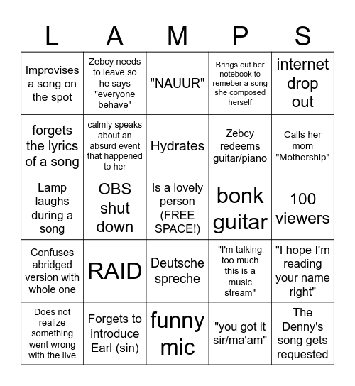 Lamp's Bingo Card