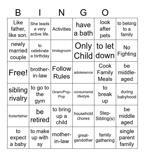 Family Bingo Card