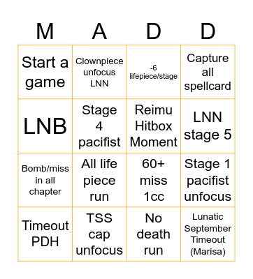 Maddness LolK Luna 1cc Bingo Card