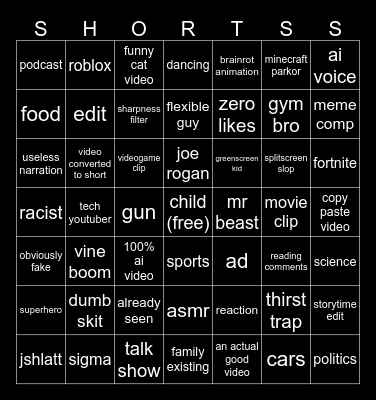 SHORTS BINGO Card