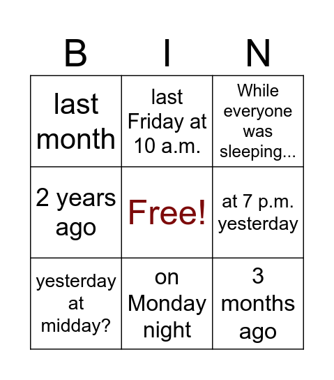 Past Continuous (markers) Bingo Card