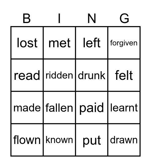 Irregular verbs Bingo Card