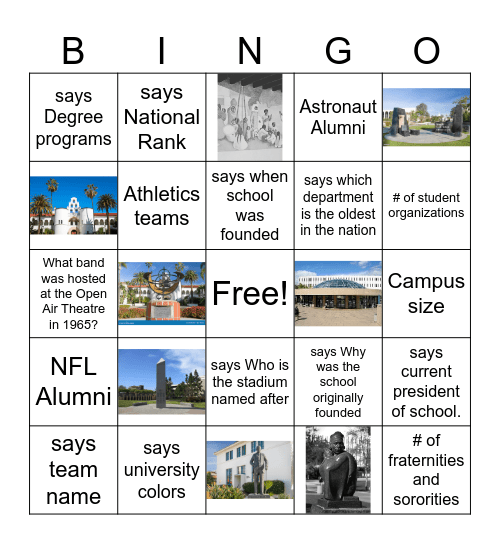 San Diego State University Bingo Card