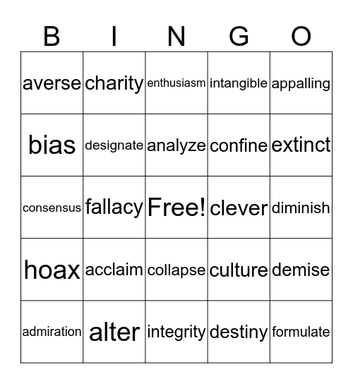 Mastery Vocabulary Review Bingo Card