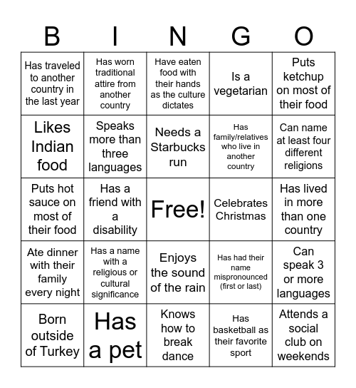 Cultural Diversity Bingo Card