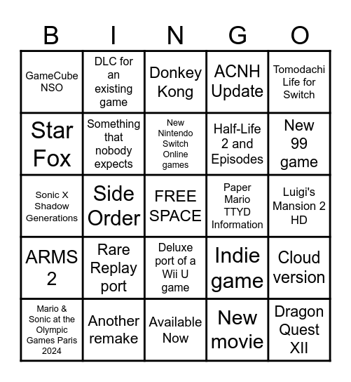 Nintendo Direct Feburary 2024 Bingo Card