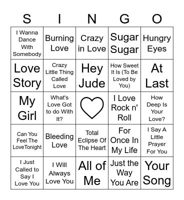 Valentine's Singo Bingo Card