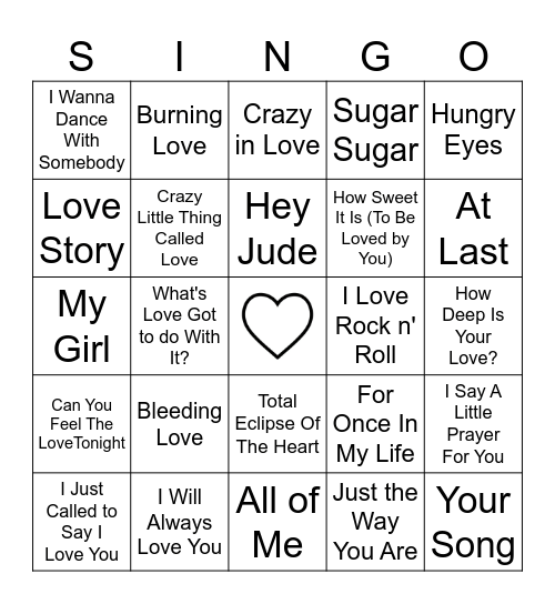 Valentine's Singo Bingo Card