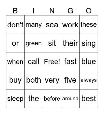 Sight Words Bingo Card