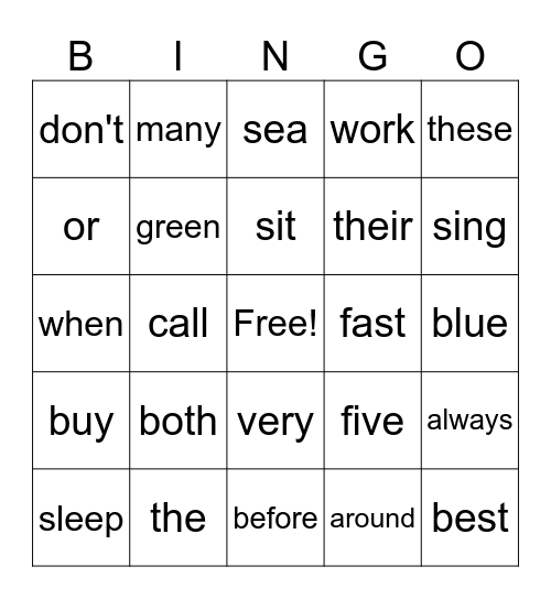 Sight Words Bingo Card
