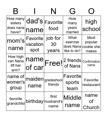 Nana Bingo Card