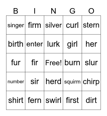 ER/IR/UR Words Bingo Card