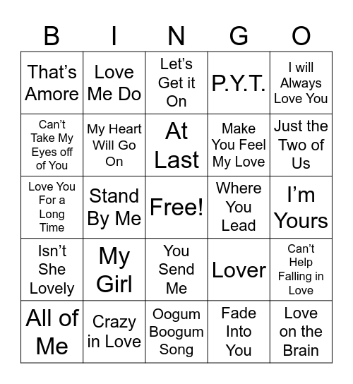 Love Songs <3 Bingo Card
