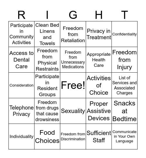 Resident's Rights Bingo Card