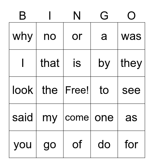 Sight Word Bingo Card