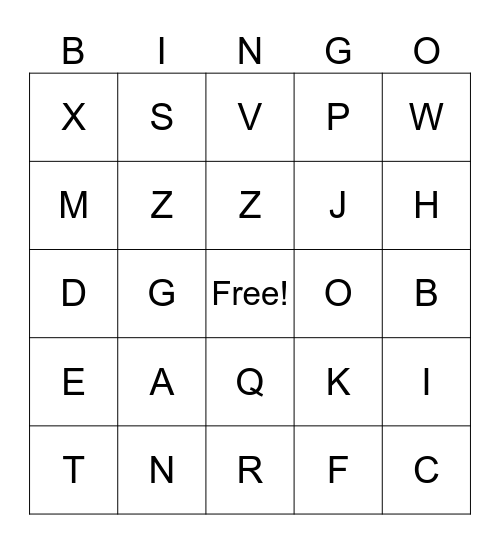 Kindergarten BINGO Card