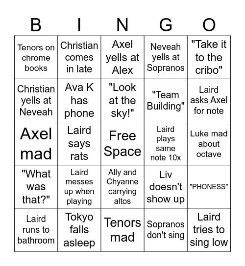 Concert Choir Bingo Card