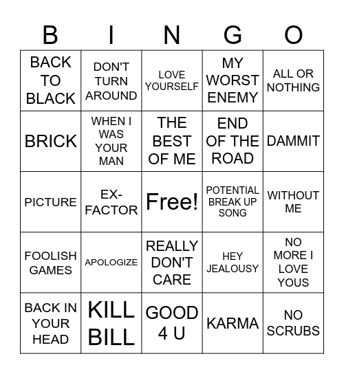 2/12- F*ck Love Songs Bingo Card