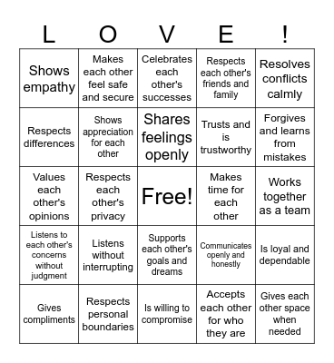 Healthy Relationships Bingo Card