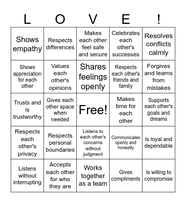 Healthy Relationships Bingo Card