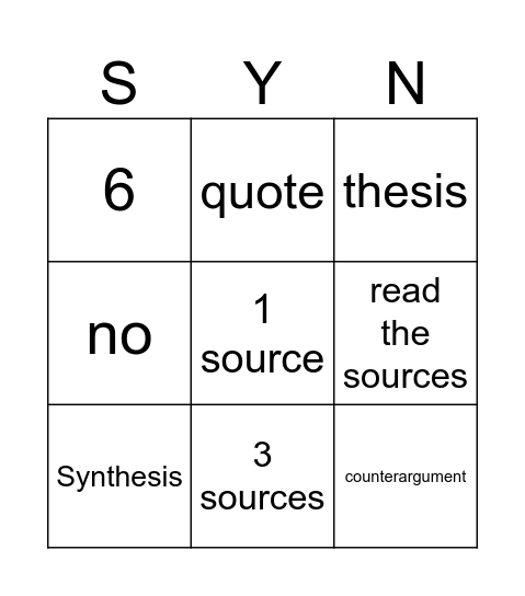 Synthesis Essay Bingo Card