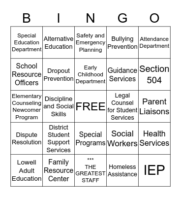 Student Support Services Appreciates Bingo Card