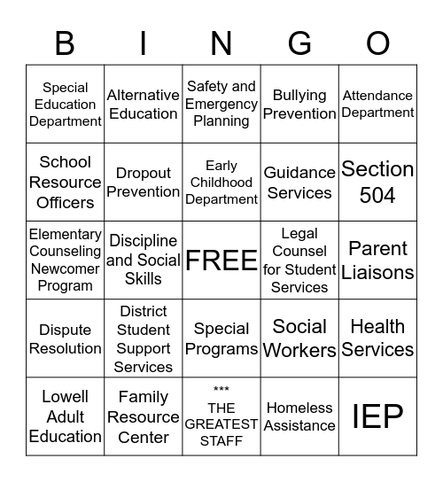 Student Support Services Appreciates Bingo Card