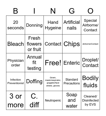 Isolation and Hand Hygeine Bingo Card