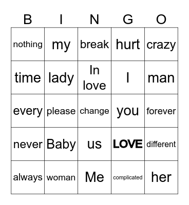 Love Song Bingo Card