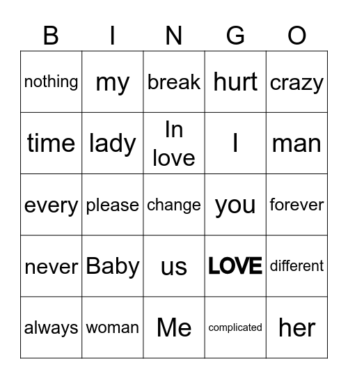 Love Song Bingo Card