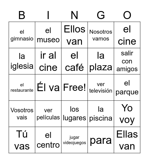 Spanish 1 Module 18 Bingo Card