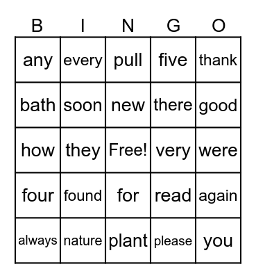 Word Game Bingo Card