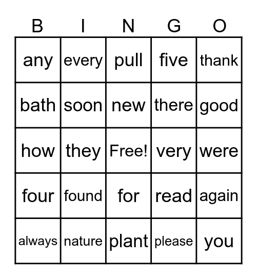 Word Game Bingo Card