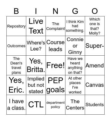 EFC Department Meeting Bingo Card