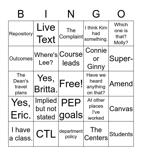 EFC Department Meeting Bingo Card