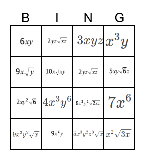 Monomial Square Root Bingo Card