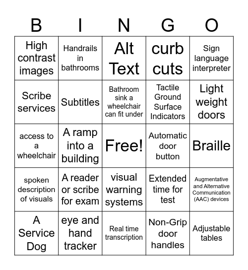 Accessibility Bingo Card