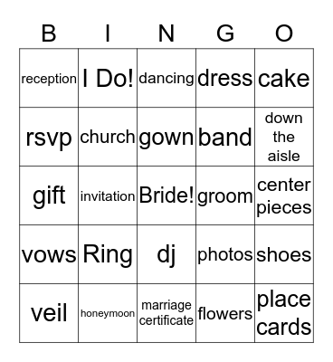 Bride Bingo Card