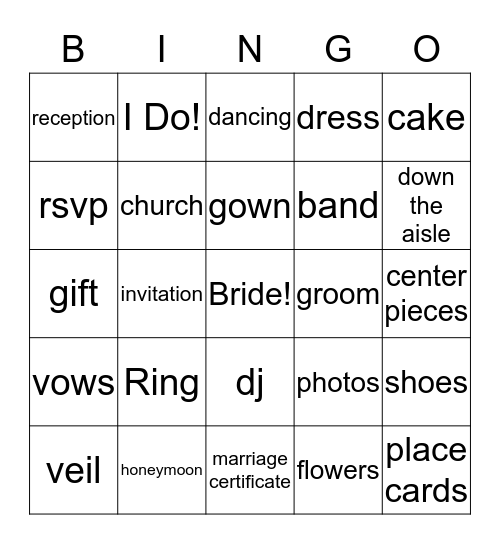 Bride Bingo Card