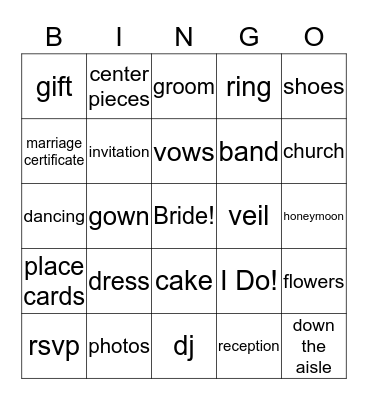 Bride Bingo Card